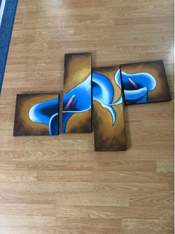 Flower canvas painting blue and 4 pieces