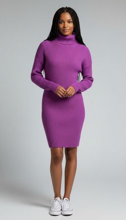 Purple Ribbed Turtleneck Sweater Dress