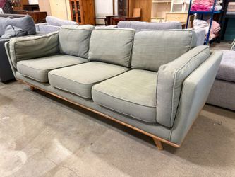 Eucalyptus Green MCM Style Low Back Sofa with Wood Trim and Splayed Legs