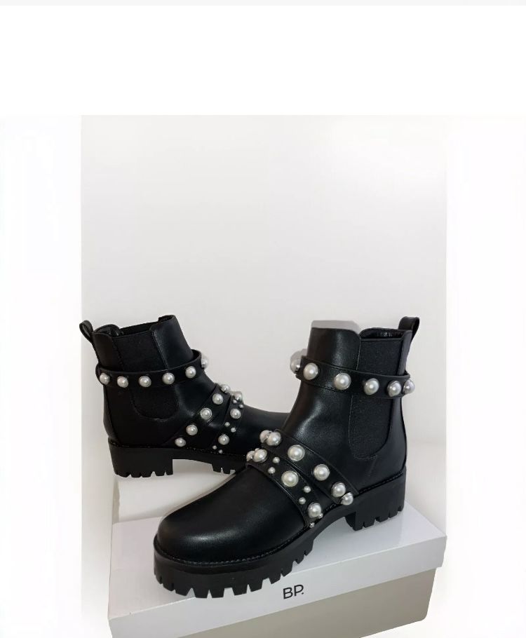 BP Women Embellished Black Ankle Platform Boots Lug Sole Size 9 M