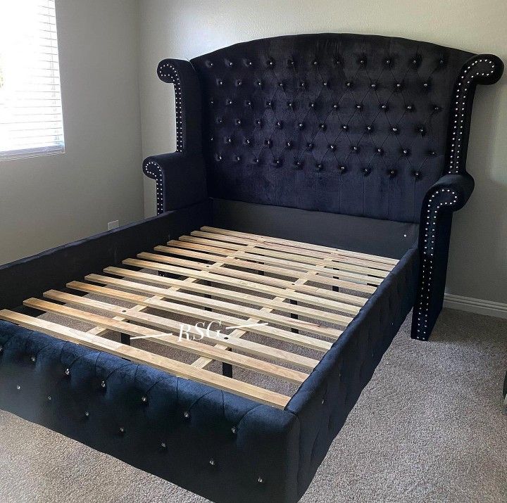 Black Velvet Queen Size Bed Frame, Dresser, Nightstand, Mirror Bedroom Furniture Set 🌟 King Size Available Extra Discount Code RSG 
🔥🔥 Mention Offe