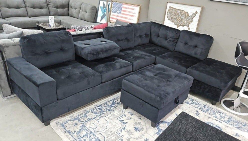 BLACK OR GREY VELVET SECTIONAL WITH OTTOMAN 