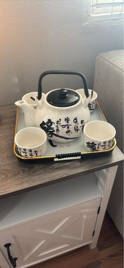 Ceramic Chinese Calligraphy Tea Set with Tray