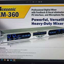 Acesonic Km-360 Professional Digital Mixer. Feedback eliminator, vocal eliminator, digital effect Processor, 5 band eq, 5 microphone inputs.