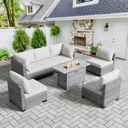 7-Piece Brown Wicker Patio Conversation Set with 50000 BTU Gas Fire Pit Table and Gray Cushions