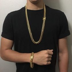 14MM Cuban Link Set 14k Gold Plated Doesn't Loses Color 