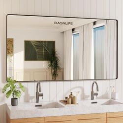 Tempered Glass Rectangular Mirrors for Bathroom, Black Frame Vanity Mirror Wall-Mounted, Large Rounded Corner High Definition Bathroom Mirror