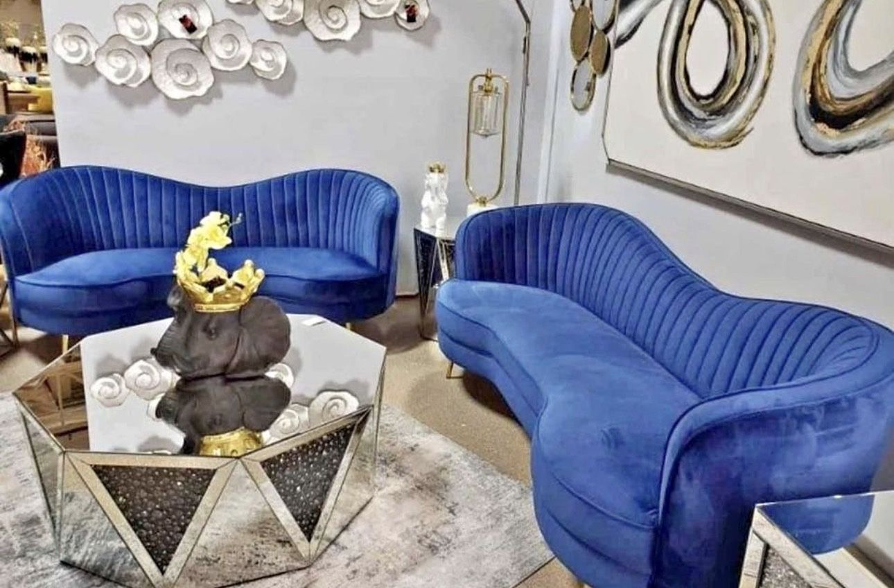 New Blue Velvet Sofa And Loveseat In Box 