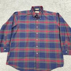 Vintage LL Bean Button Up Shirt Mens 17.5 - 33 Red Blue Green Tartan Plaid Cabin
