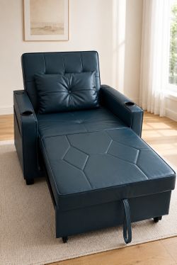 3-in-1 faux Leather Sleeper Chair Bed with USB Ports, Cup Holders & Pockets, Blue