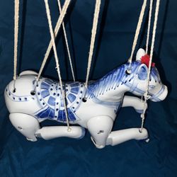 Vintage Blue & White Ceramic Marionette Horse Articulated Puppet Figurine