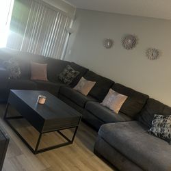 Used Dark Grey Sectional Sofa  With Center Table 