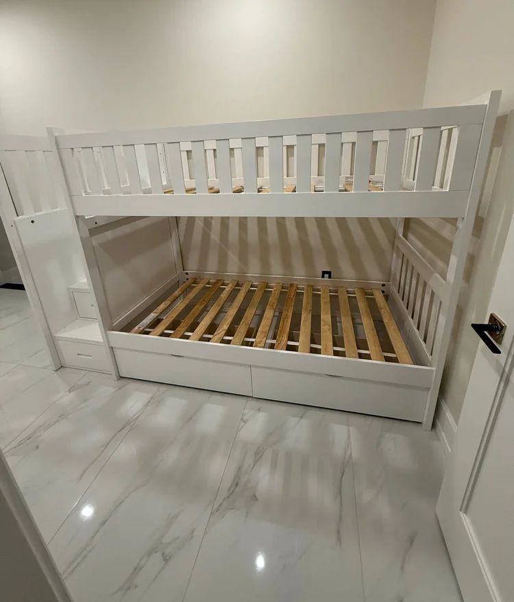 Pemberly Row Reversible Step Storage Wood Bunk Bed with Storage Boxes in White
