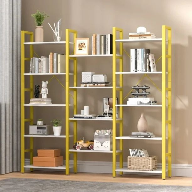 Sunmthink 5-Shelf Corner Bookshelf Triple Wide Industrial Vintage Wood Style Large Bookcase for Home&Office, Gold