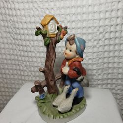 Vintage Bisque Procelain Boy With Geese And Birdhouse Figurine 6" Tall. 