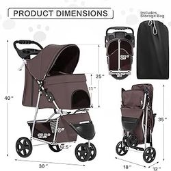 Foldable Dog Strollers for Small Dogs with Weather Cover, 3 Wheels Pet Strolling Cart for Dogs and Cats with Storage Basket and Cup Holder, Breathable