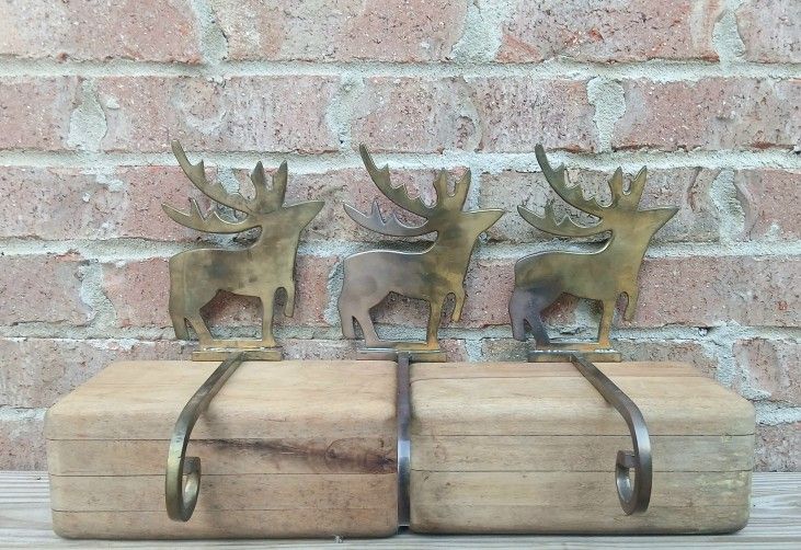 Vintage Brass Reindeer Stocking Hangers