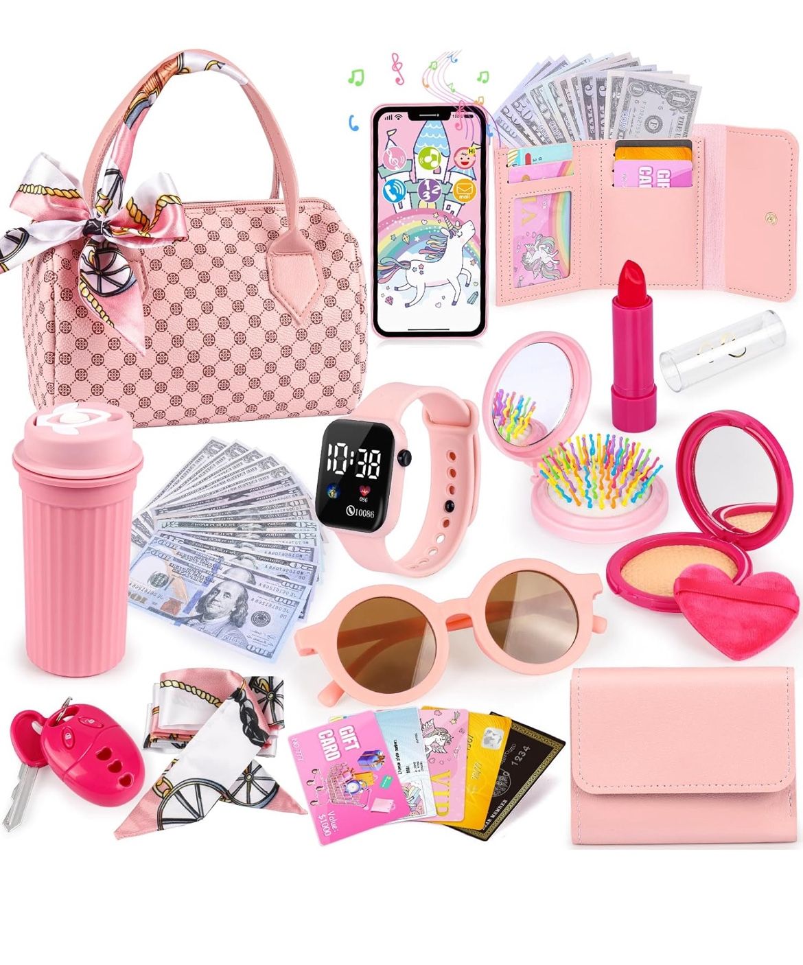 Play Purse for Little Girls, 32PCS Toddler Purse with Pretend Makeup for Kids, Princess Toys Includes Handbag, Phone, Wristwatch, Silk Scarf Kids Toy