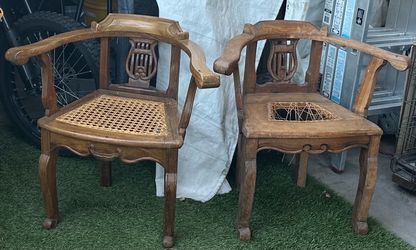 Pair Vintage Lyre Back Corner Chairs - Teak Wood - Cane Seat