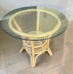 Mid 20th Century Vintage Bentwood Rattan & Woven Wicker Side Table With Beveled Glass Top 27 ½x23