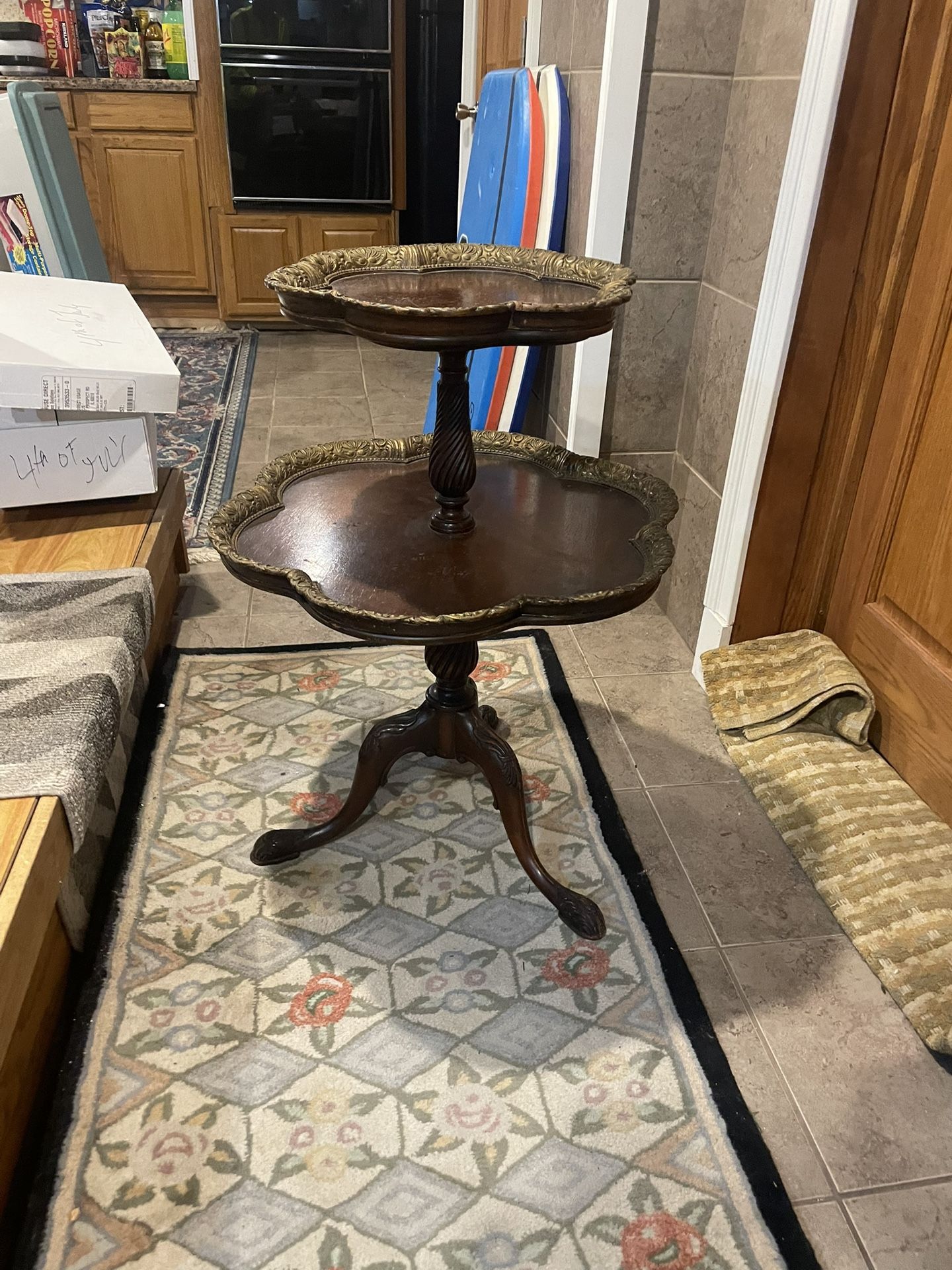 Antique Ornate Wooden Dumbwaiter 2 Tiered Table, 24 Round, 33 high, $40