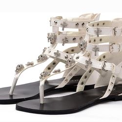 Womens Embellished Skull Gladiator Sandals, White,  Size: 5.5 (36) ~ EUC