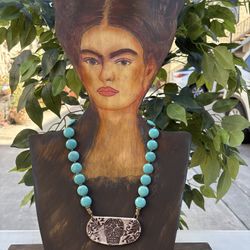 Ceramic Handmade Skull Faux Turquoise Necklace 