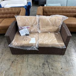 Super Patio Outdoor Wicker Loveseat Patio Furniture, Rattan Corner Sofa Chair with Beige Cushions, Additional Seats for Sectional Sofa Set, Porch and 