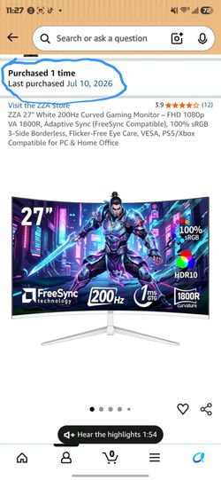 27" Curved Gaming Monitor 200hz 1ms