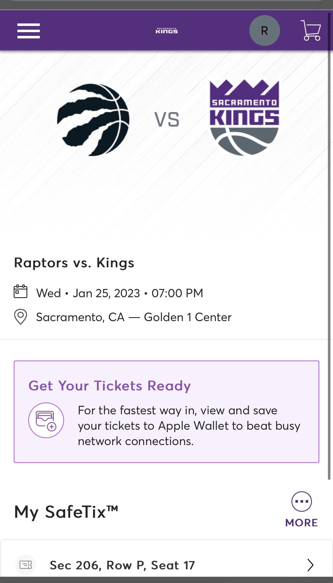 Sacramento Kings Vs Raptors Upper Level Tickets 1/25