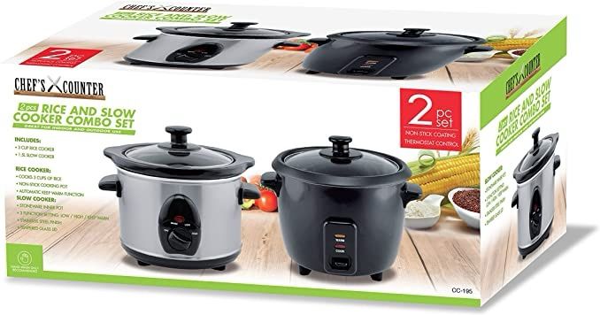 Rice Cooker - Chef's Counter 2 piece Rice & Slow Cooker Combo Set. Stainless and stoneware.