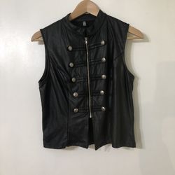Women’s  vests front zip up buttons designed faux leather sleeves less black M