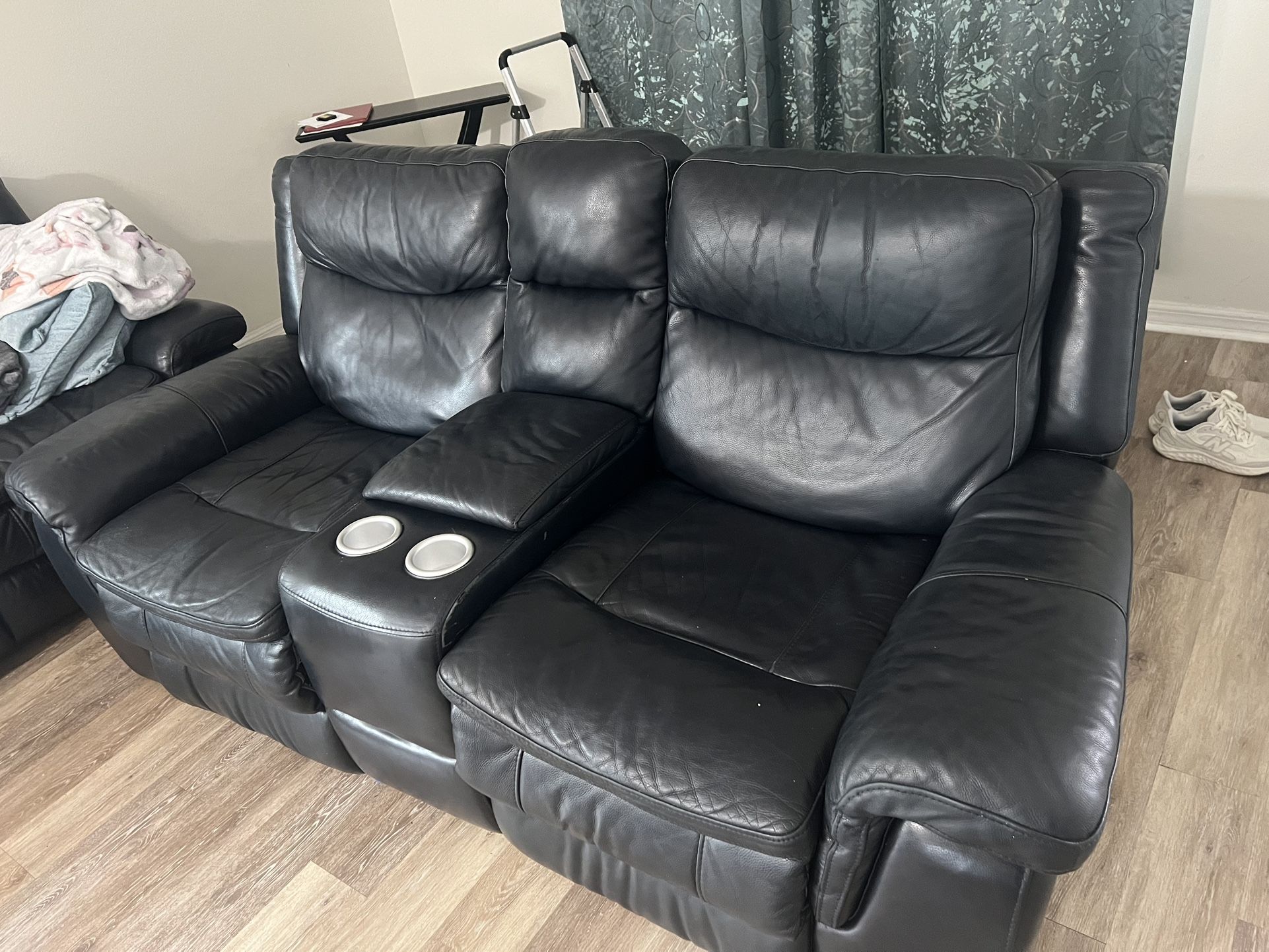 Navy Blue Leather Reclining Love Seat And 3 Seat Sofa Set