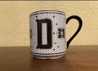 Coffee Mug Anthropologie Gold/Black Margot Mosaic Tile Letter “D” Initial Monogram… In Great Condition… $10