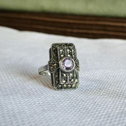 Art Deco Genuine Amethyst & Marcasite Sterling Statement Ring