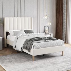 Upholstered Platform Bed Frame Twin Size with Headboard,Strong Wooden Slats Support No Box Spring Needed Easy Assembly Beige Velvet
