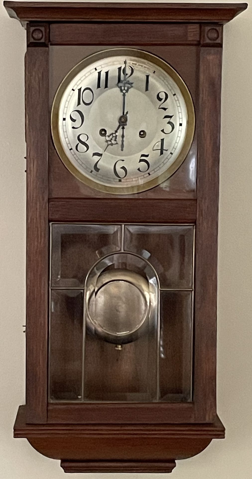Antique German Art Deco Bing Bong Gong Chime 8 Day Wall Clock with Key Pendulum