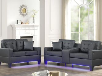 Brand New Closeout Black Faux Leather Sofa Set with LED Lights