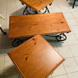REAL WOOD coffee table + 2 end tables / night stands metal legs
