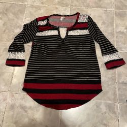 We The Free People Top Womens Size S Red Black Striped V Neck Lace Cut Out