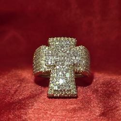 10k Yellow Gold Diamond Baguette Style Cross Ring 2.95 ctw