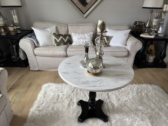 Hervey French Country Round Pedestal Coffee Table – Distressed White Top & Black Base 