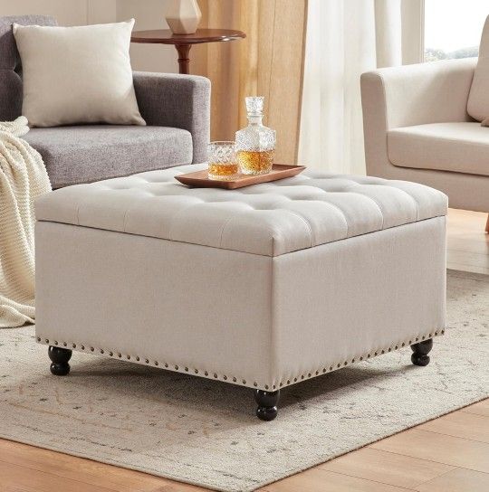 Large Square Tufted Upholstered Ottoman Bench and Coffee Table with Storage, Oversized Footrest for Living Room, Beige 