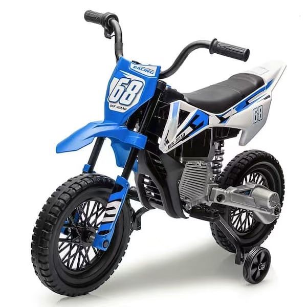 12V Electric Dirt Bike with Twist Grip Throttle and Training Wheels, Blue Toy
