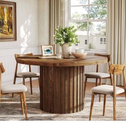 JW1310 Dark Brown Solid Wood 47 in. W Round Striped Pedestal Dining Table Seats 4-6 People