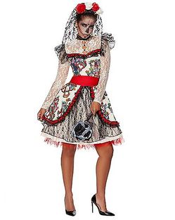LIKE NEW WOMEN MEDIUM Sugar Skull Bride Dress Costume With Skull Flower Headband "Day of The Dead"