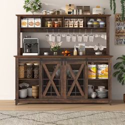 ❤️‍🔥 63"W Farmhouse Coffee Bar Cabinet With Wine Rack And Storage