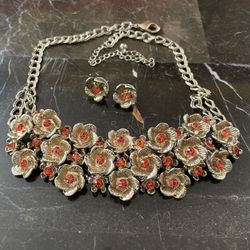 Antique Gold Tone Orange Rhinestone Studded Choker Necklace With Matching Stud Earrings