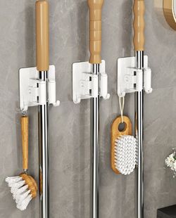 3 Pcs Self-Adhesive Broom & Mop Holder-Multi-Use Broom Gripper with Two Hooks