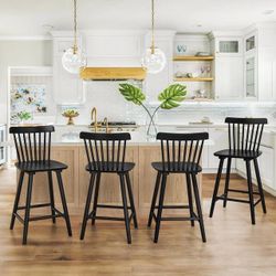 24Inch Black Solid Wood Barstool Set Of 4 